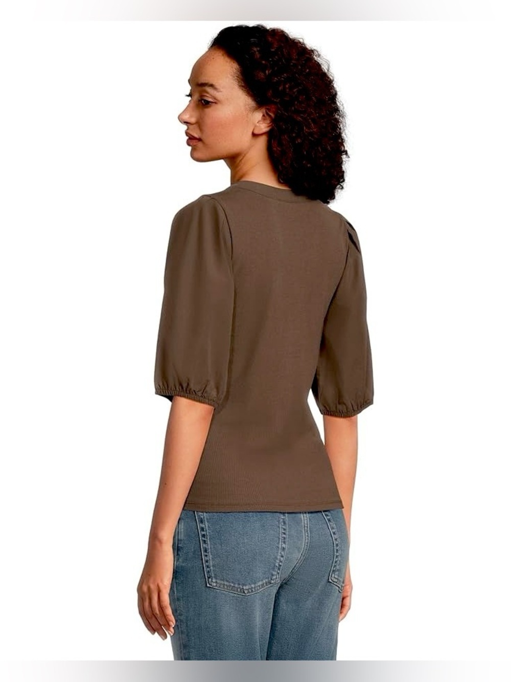Madewell Brown Puff Sleeve Henley Knit Top XS NWT Modal Blend - Picture 2 of 7